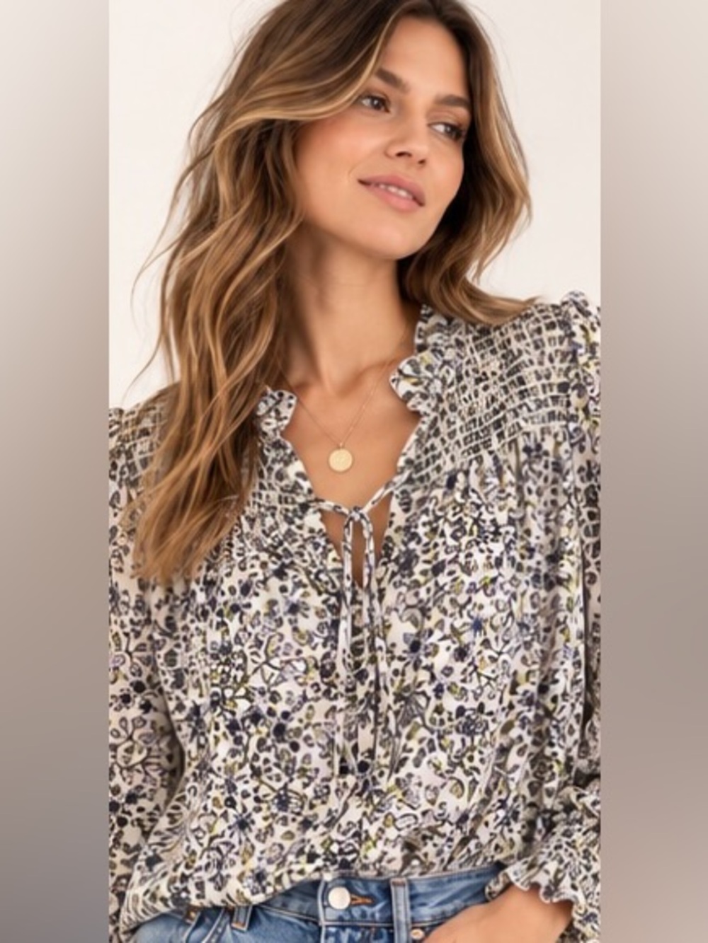 Free People Lela Blouse XS Ivory Floral Smocked Boho Peasant Top